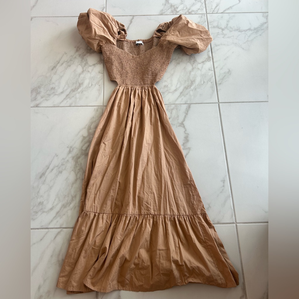 Faithfull The Brand Tan Maxi Dress With Puff Sleeves